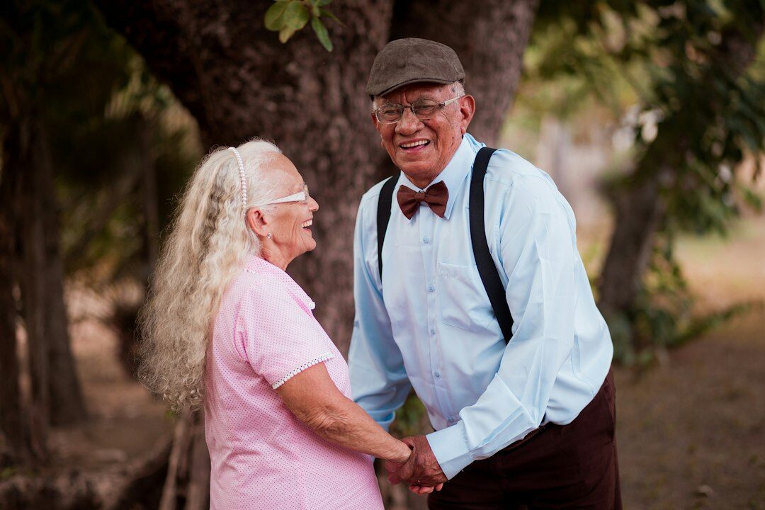 elderly couple walking